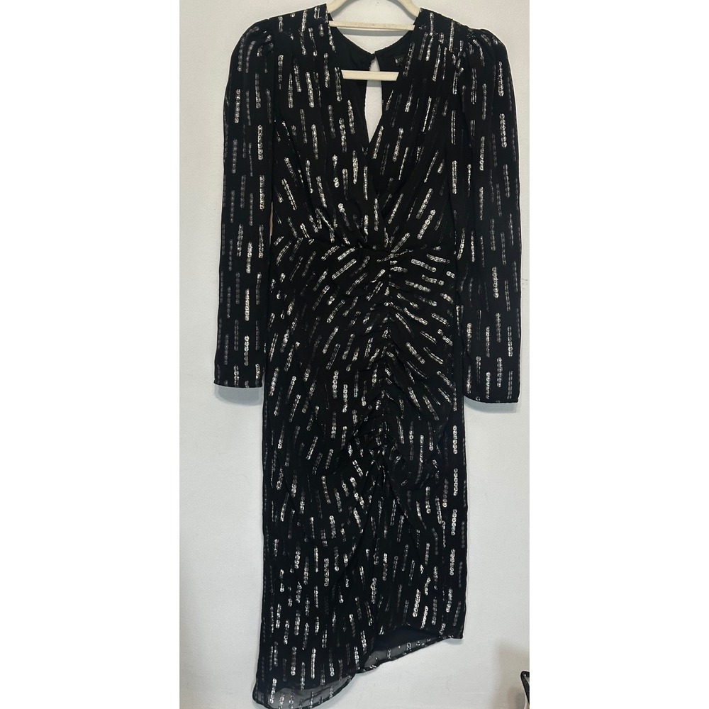 Express Black Silver Metallic Ruched Long Sleeve Asymmetrical Midi Dress Small